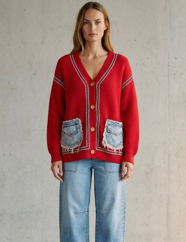 Merrymaker Chunky Knit Cardigan With Distressed Denim Pockets - Westly