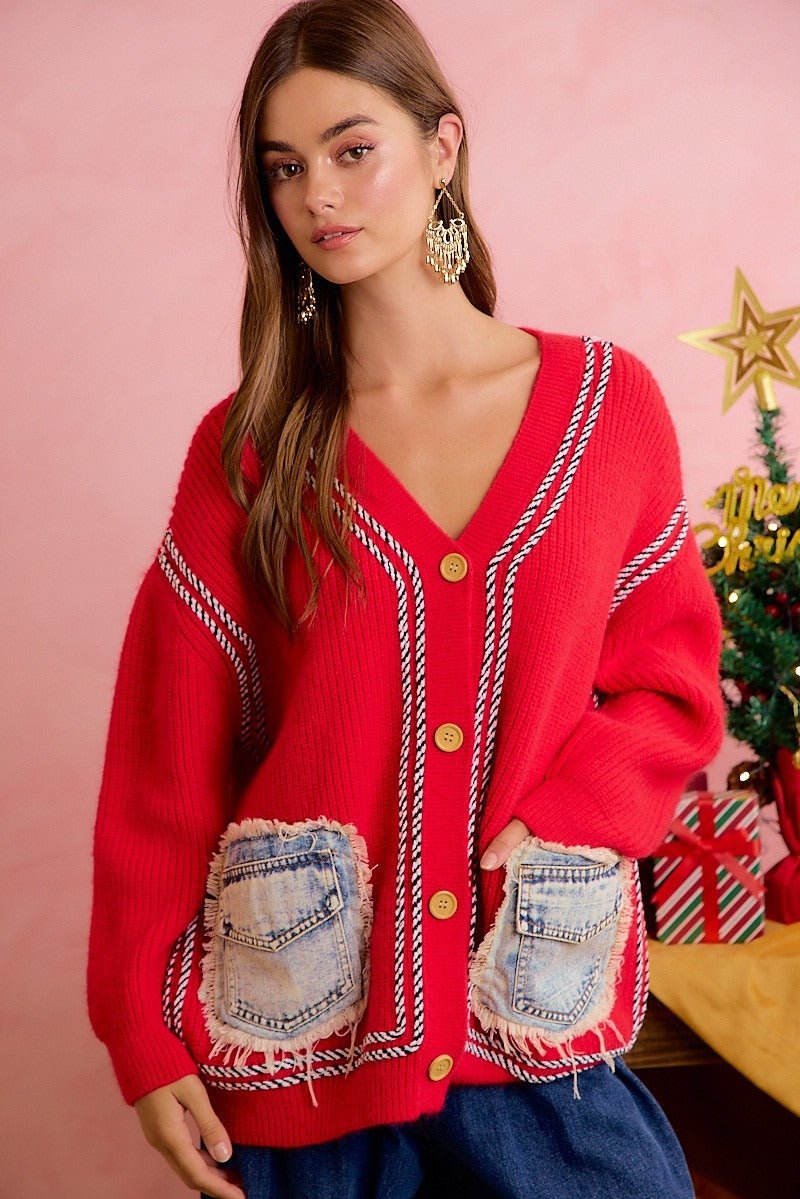 Merrymaker Chunky Knit Cardigan With Distressed Denim Pockets - Westly