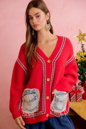 Merrymaker Chunky Knit Cardigan With Distressed Denim Pockets - Westly