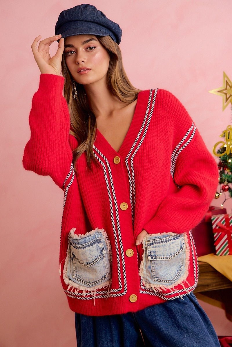 Merrymaker Chunky Knit Cardigan With Distressed Denim Pockets - Westly