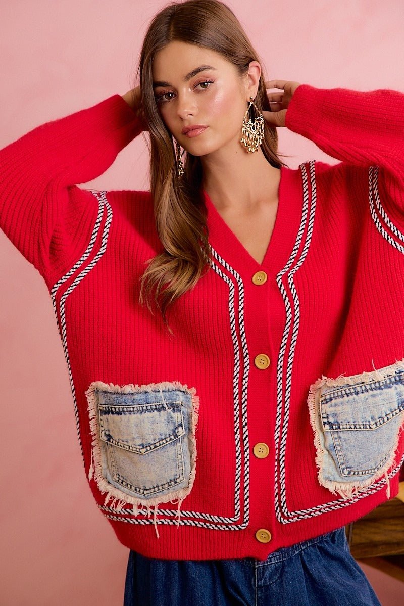 Merrymaker Chunky Knit Cardigan With Distressed Denim Pockets - Westly