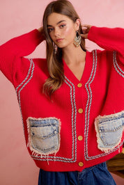 Merrymaker Chunky Knit Cardigan With Distressed Denim Pockets - Westly