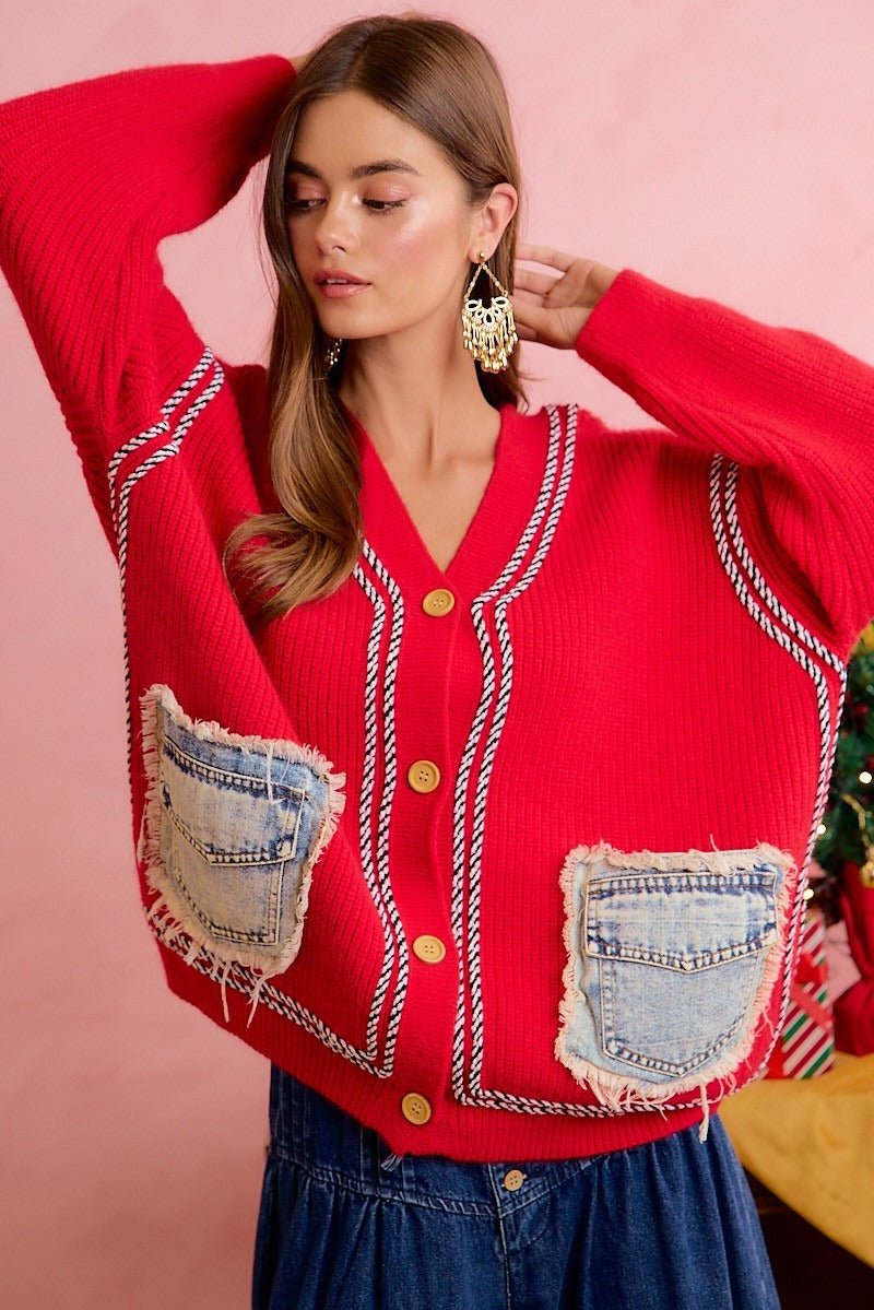 Merrymaker Chunky Knit Cardigan With Distressed Denim Pockets - Westly