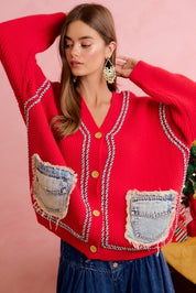 Merrymaker Chunky Knit Cardigan With Distressed Denim Pockets - Westly