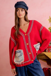 Merrymaker Chunky Knit Cardigan With Distressed Denim Pockets - Westly