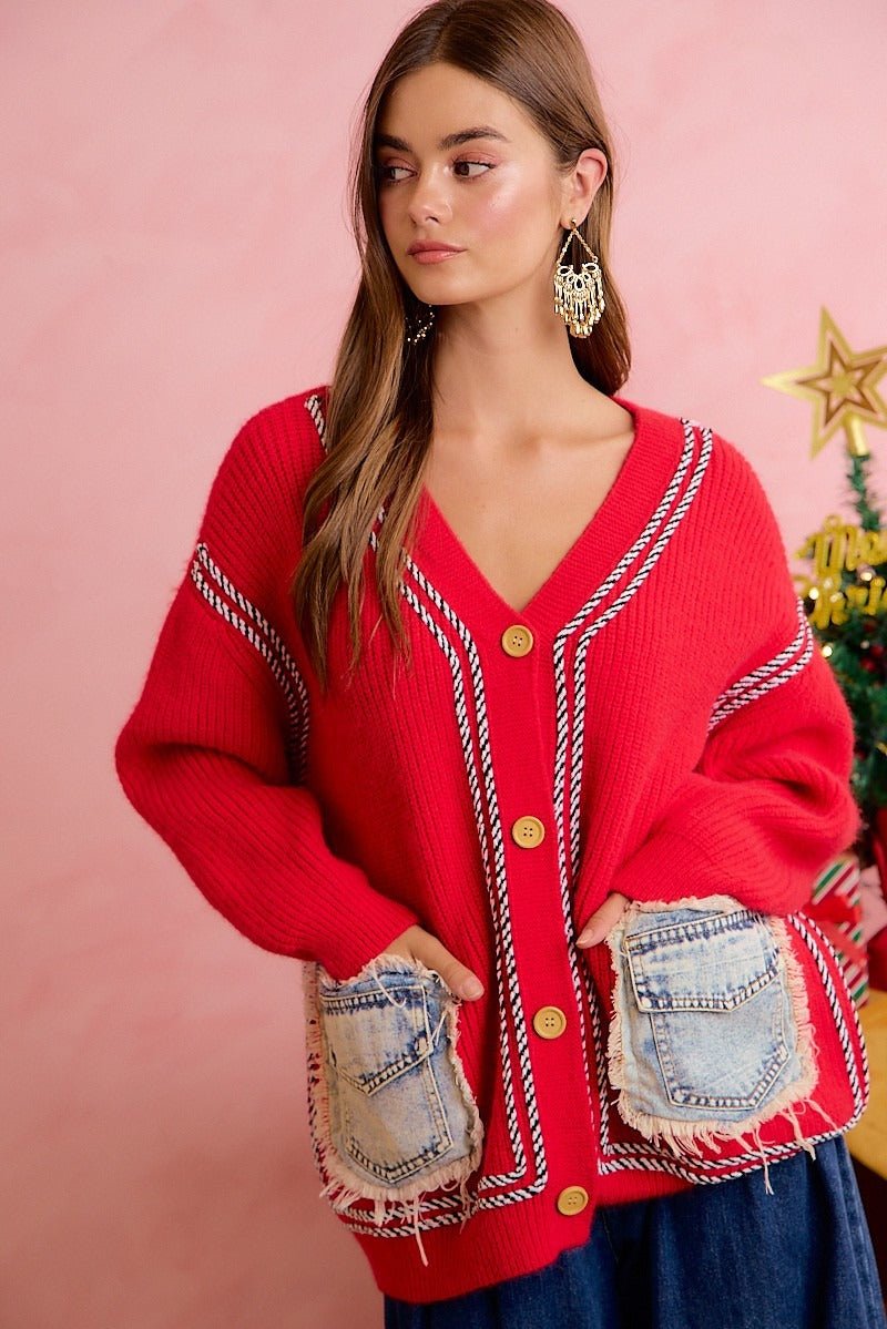Merrymaker Chunky Knit Cardigan With Distressed Denim Pockets - Westly