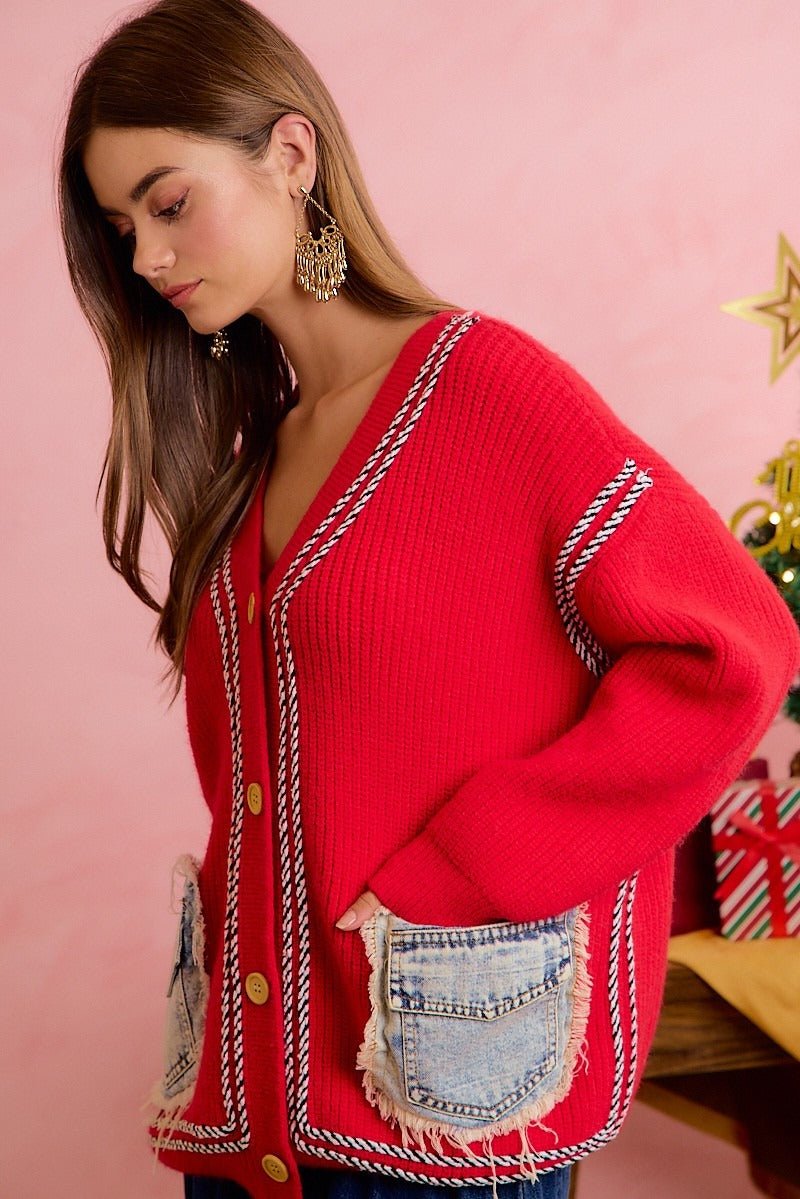 Merrymaker Chunky Knit Cardigan With Distressed Denim Pockets - Westly