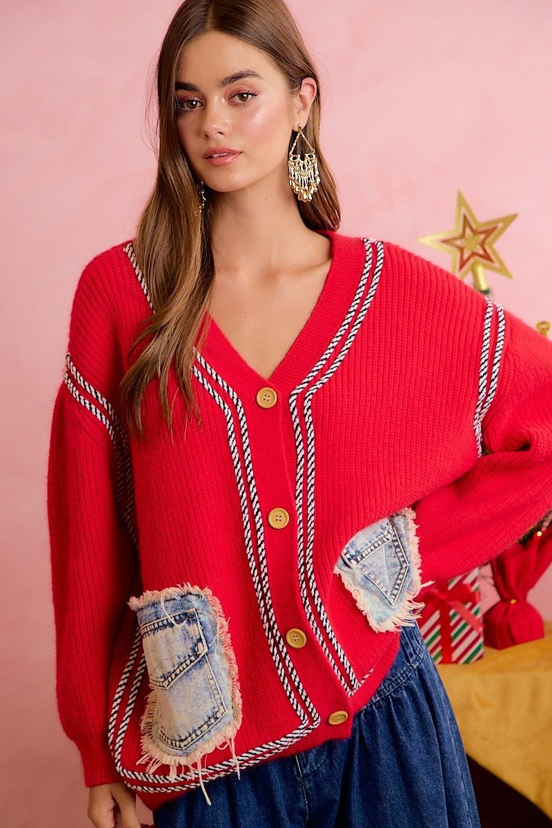 Merrymaker Chunky Knit Cardigan With Distressed Denim Pockets - Westly