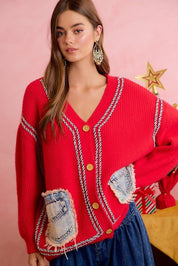 Merrymaker Chunky Knit Cardigan With Distressed Denim Pockets - Westly