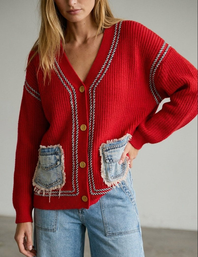 Merrymaker Chunky Knit Cardigan With Distressed Denim Pockets - Westly
