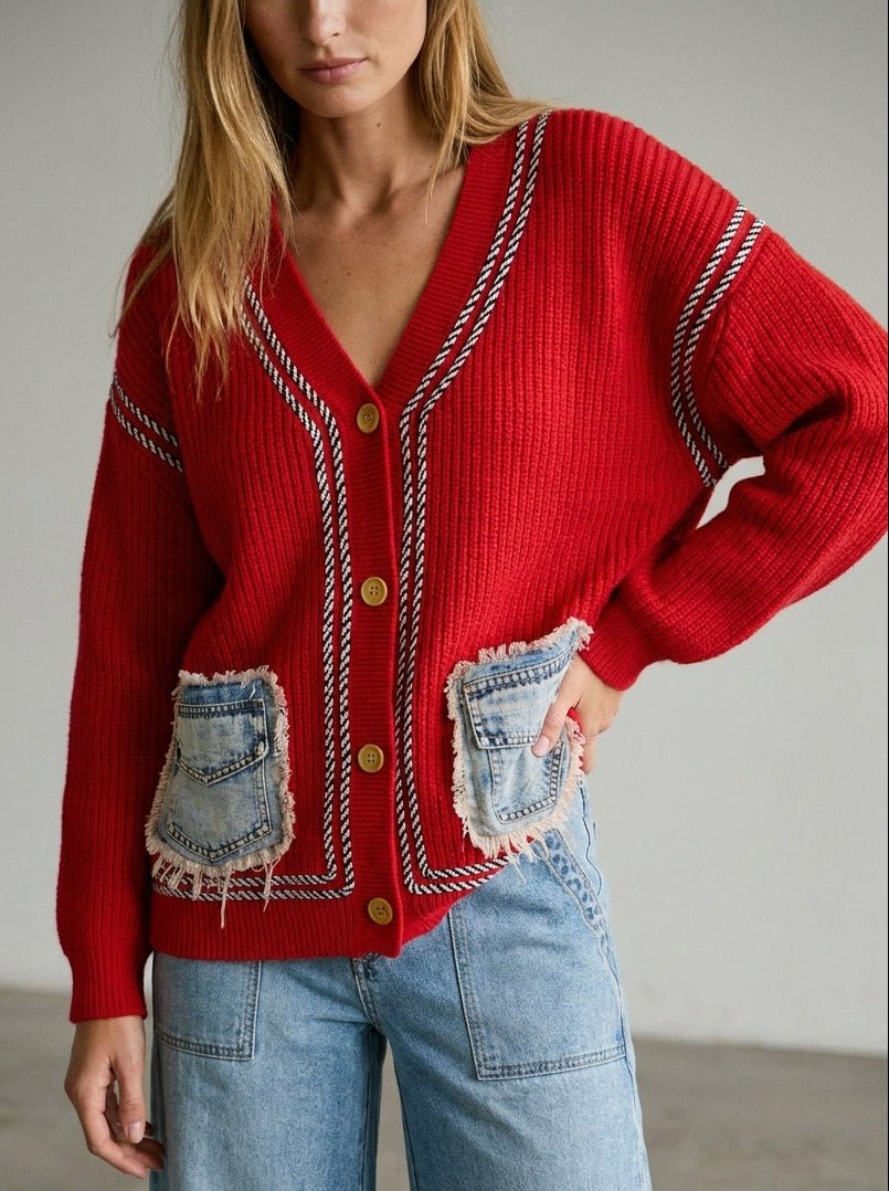 Merrymaker Chunky Knit Cardigan With Distressed Denim Pockets - Westly