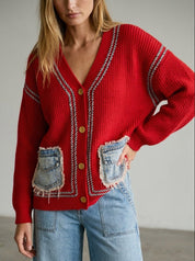 Merrymaker Chunky Knit Cardigan With Distressed Denim Pockets - Westly