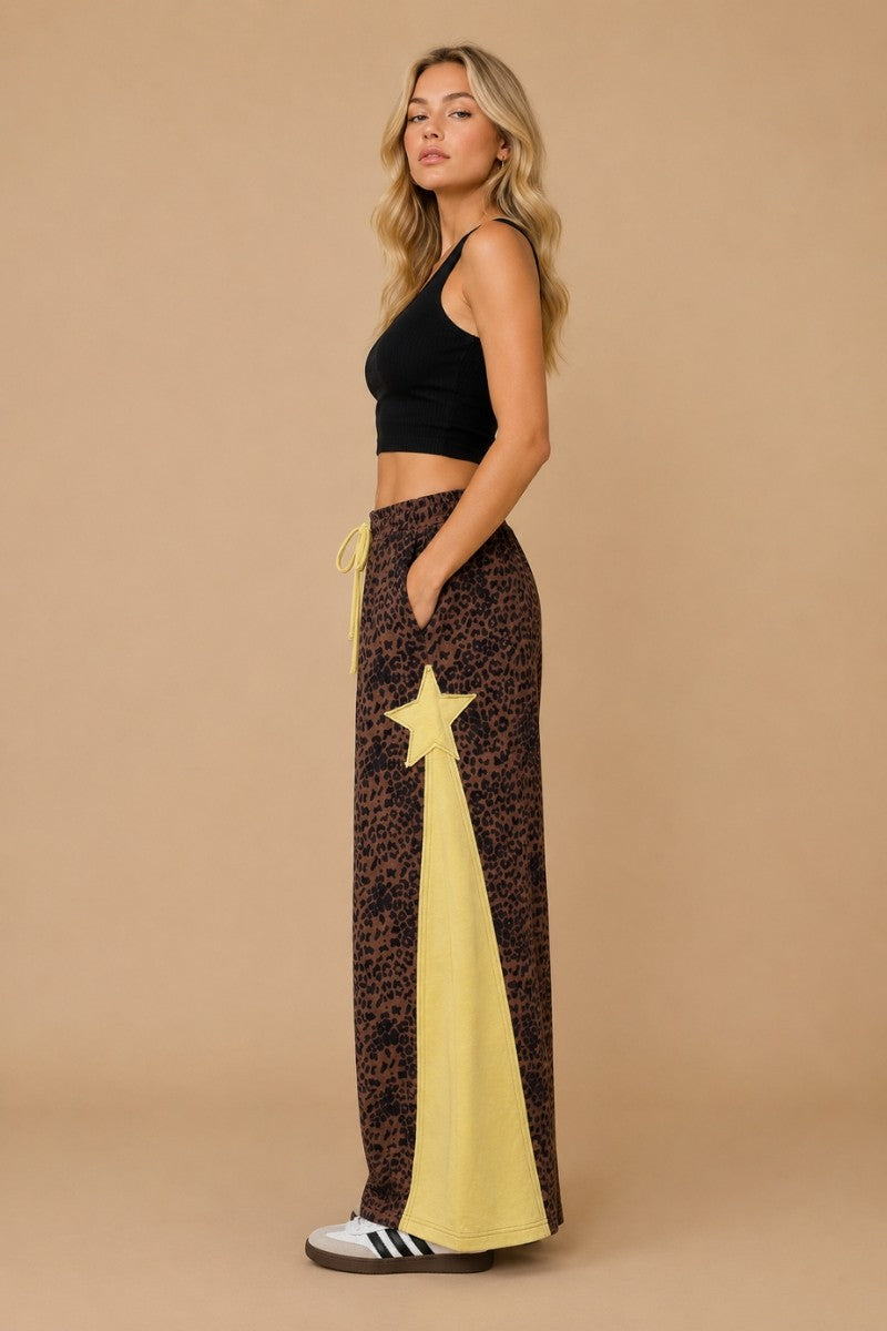 Meteor Shower Star Panel Leopard Wide Leg Pants in Leopard Yellow Combo, photo 2