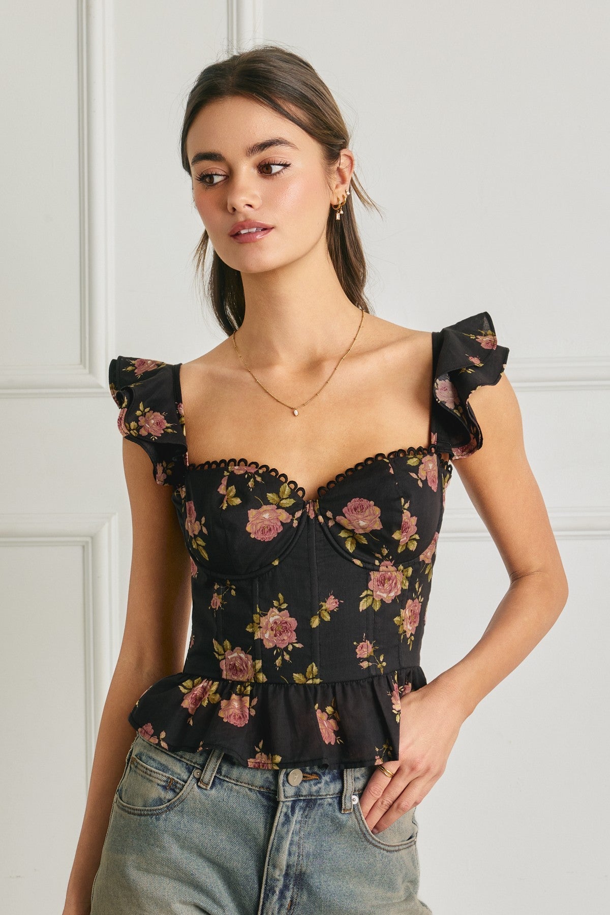 Midnight Kiss Floral Lace Corset Flutter Top - Westly