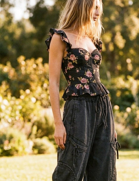 Midnight Kiss Floral Lace Corset Flutter Top - Westly