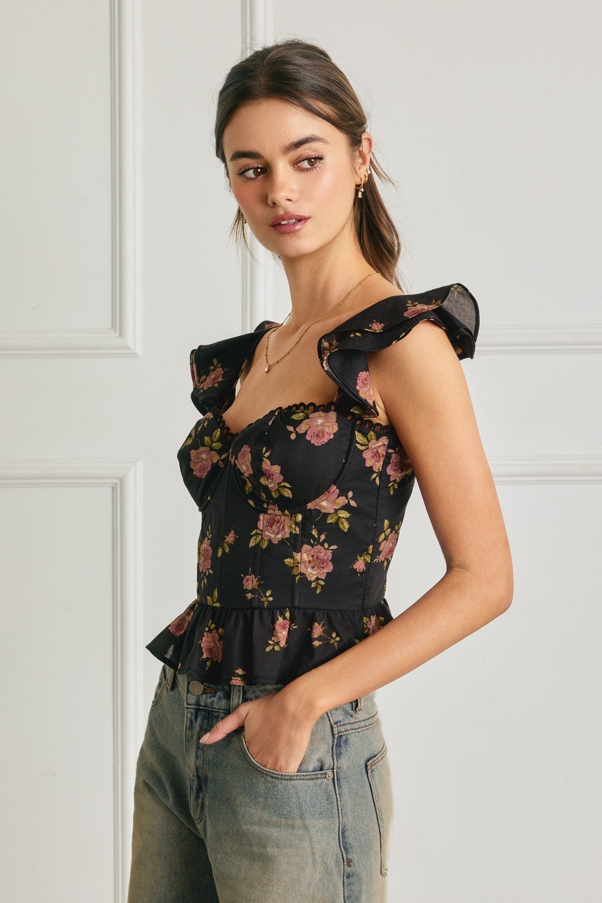 Midnight Kiss Floral Lace Corset Flutter Top - Westly