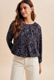 Midnight Paisley Balloon Hem Blouse - Westly