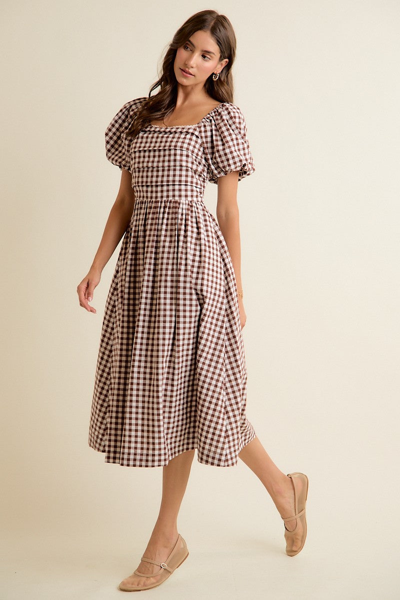 Millicent Lace Trim Gingham Midi Dress - Brown