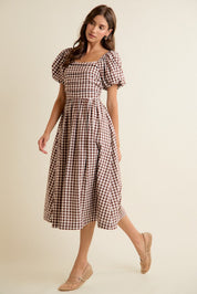 Millicent Lace Trim Gingham Midi Dress - Brown