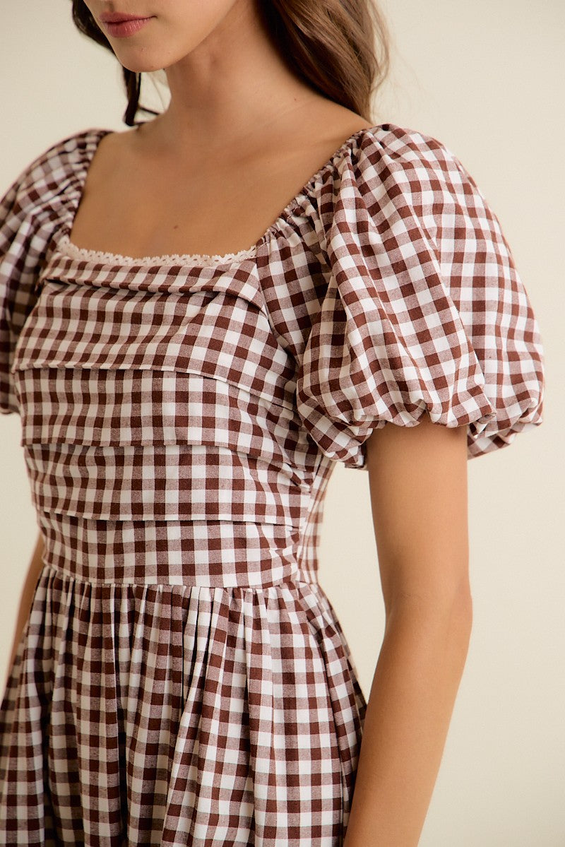 Millicent Lace Trim Gingham Midi Dress - Brown