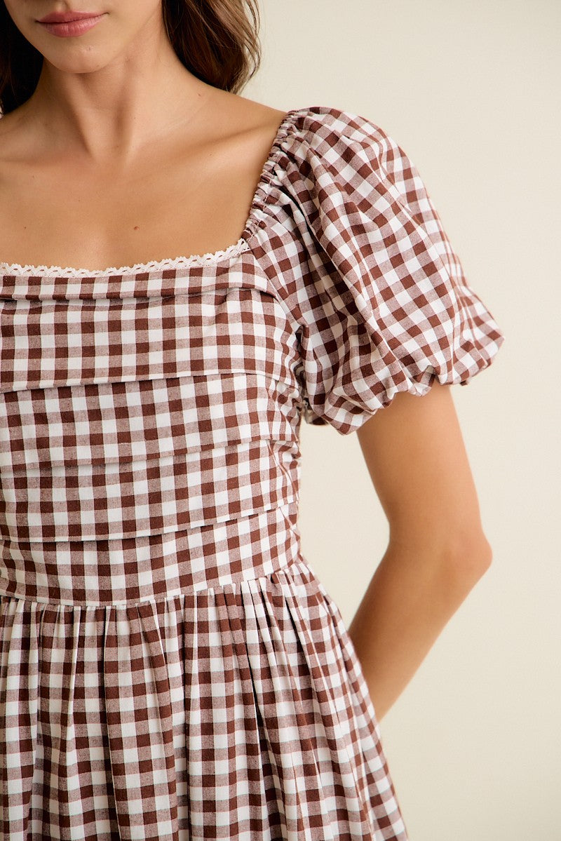 Millicent Lace Trim Gingham Midi Dress - Brown