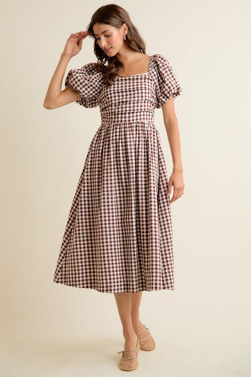 Millicent Lace Trim Gingham Midi Dress - Brown