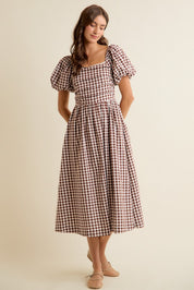 Millicent Lace Trim Gingham Midi Dress - Brown