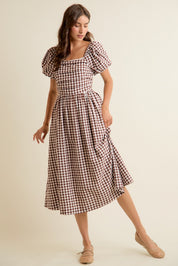 Millicent Lace Trim Gingham Midi Dress - Brown