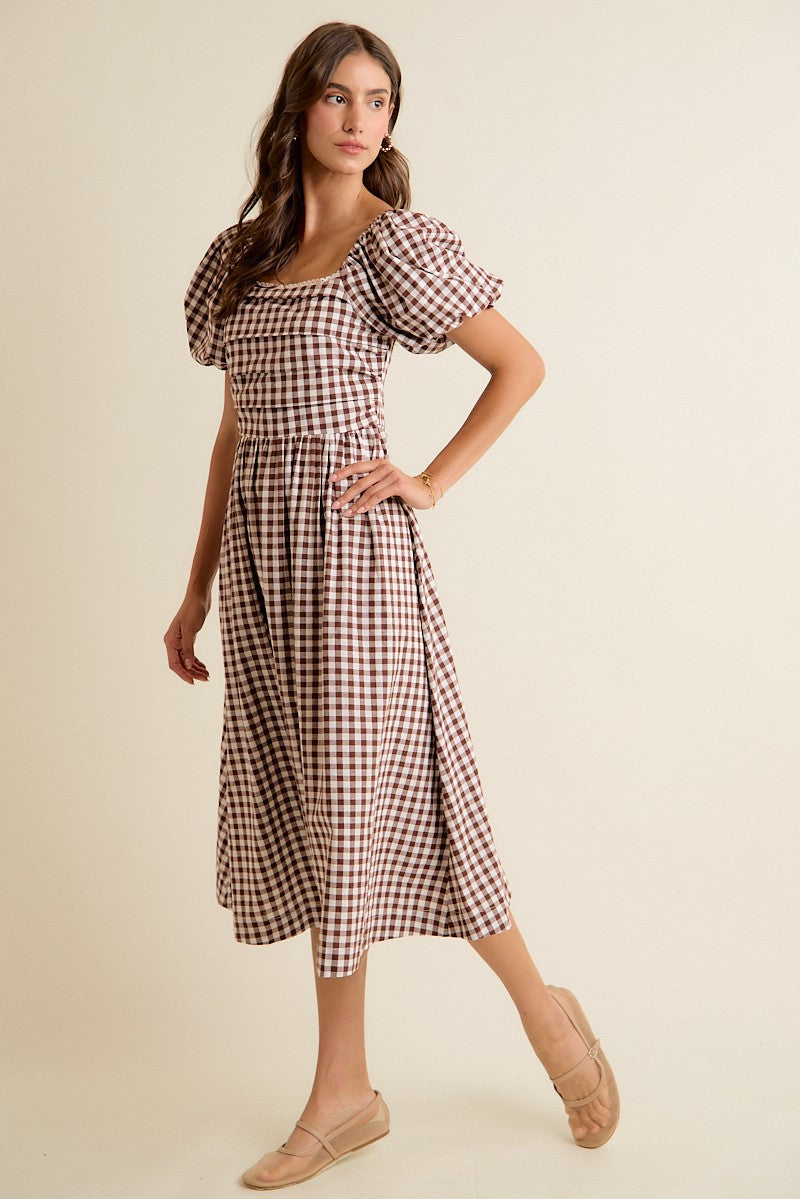 Millicent Lace Trim Gingham Midi Dress - Brown