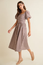 Millicent Lace Trim Gingham Midi Dress - Brown