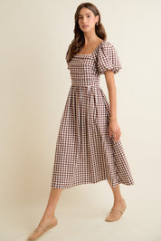 Millicent Lace Trim Gingham Midi Dress - Brown