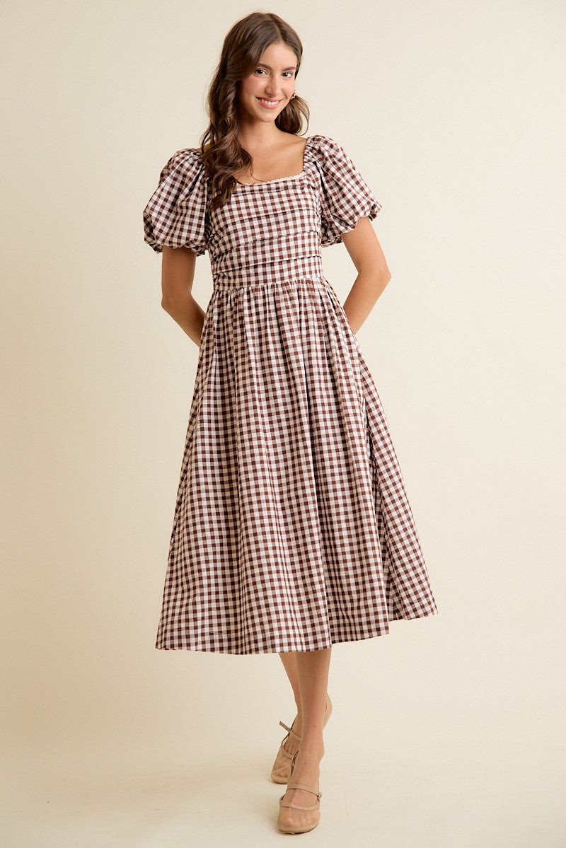 Millicent Lace Trim Gingham Midi Dress - Brown
