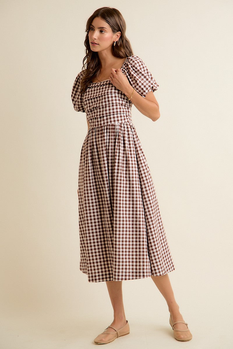 Millicent Lace Trim Gingham Midi Dress - Brown