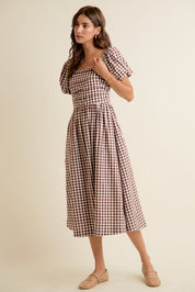 Millicent Lace Trim Gingham Midi Dress - Brown
