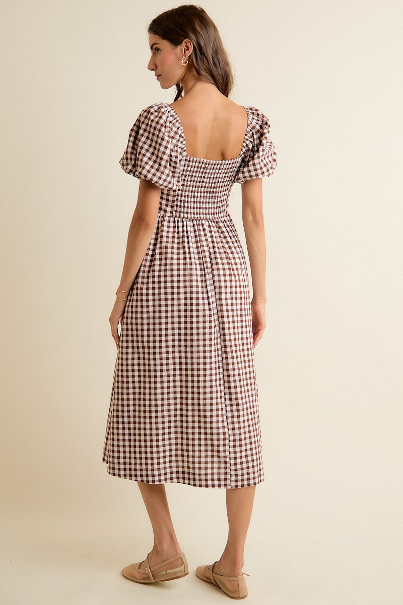 Millicent Lace Trim Gingham Midi Dress - Brown