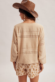 Mirage Lace Trim Drawstring Bell Sleeve Top - Westly