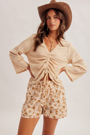 Mirage Lace Trim Drawstring Bell Sleeve Top - Westly