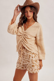 Mirage Lace Trim Drawstring Bell Sleeve Top - Westly