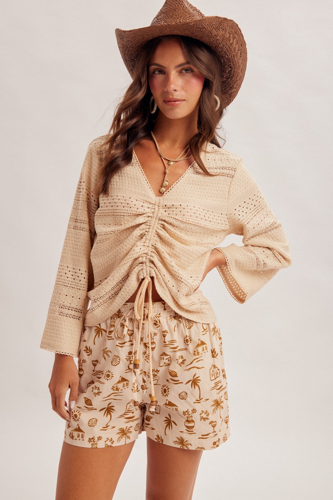 Mirage Lace Trim Drawstring Bell Sleeve Top - Westly