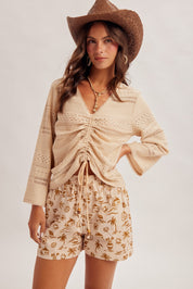 Mirage Lace Trim Drawstring Bell Sleeve Top - Westly