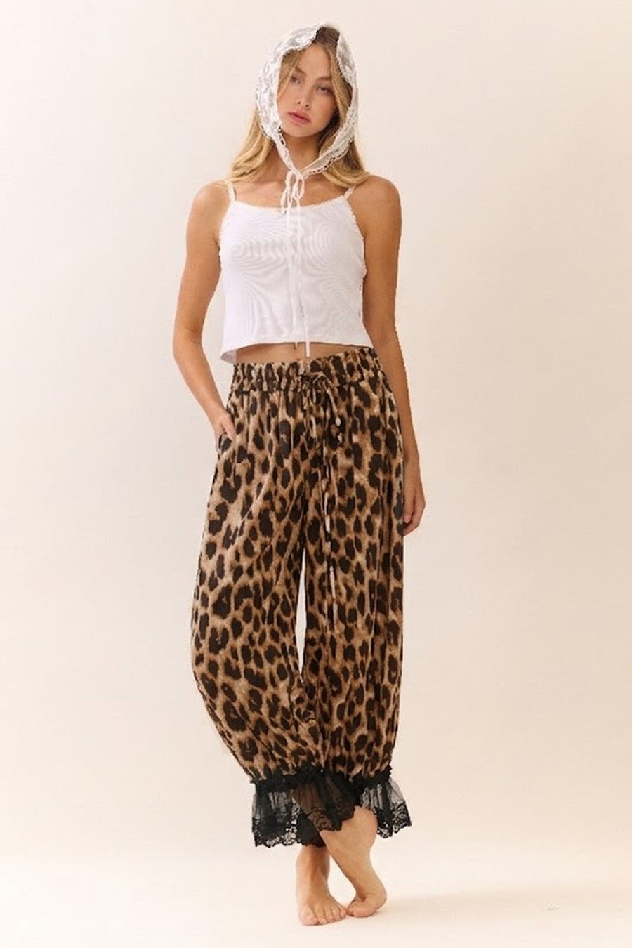 Mirelle Leopard Lace Hem Bloomer Pants - Brown Leopard
