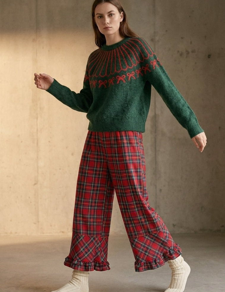 Mistletoe Plaid Ruffle Hem Wide Leg Pants - Westly
