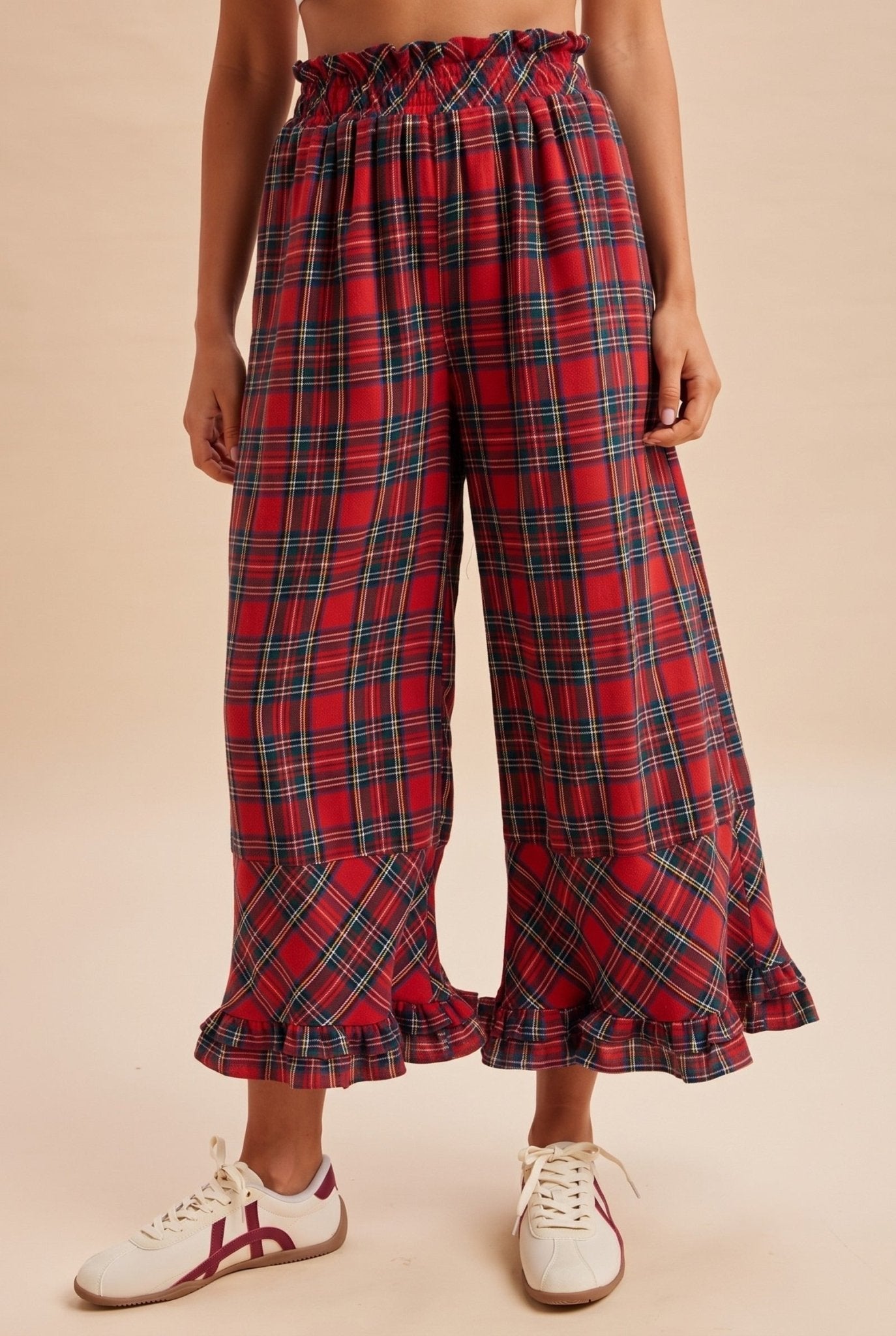 Mistletoe Plaid Ruffle Hem Wide Leg Pants - Westly