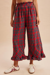 Mistletoe Plaid Ruffle Hem Wide Leg Pants - Westly