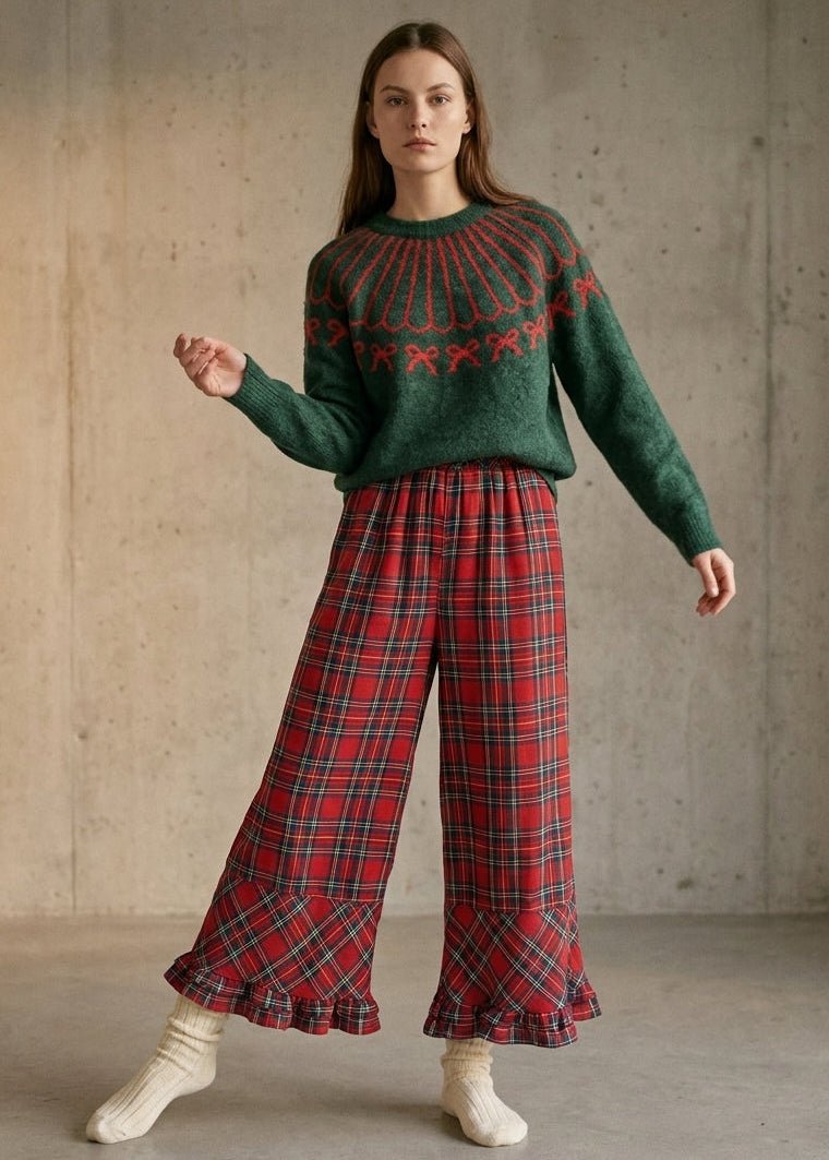 Mistletoe Plaid Ruffle Hem Wide Leg Pants - Westly