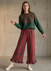 Mistletoe Plaid Ruffle Hem Wide Leg Pants - Westly