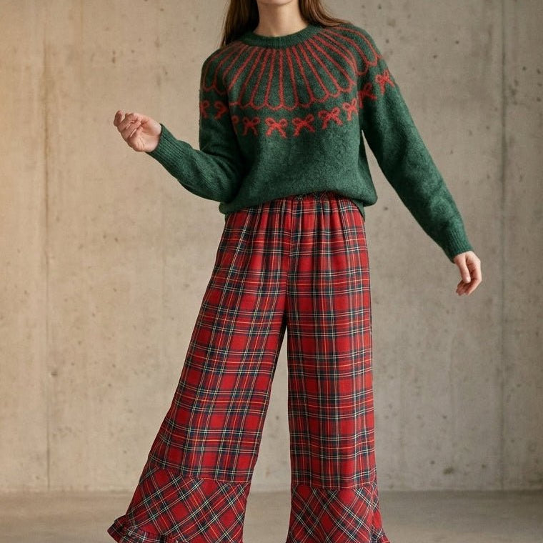 Mistletoe Plaid Ruffle Hem Wide Leg Pants - Westly