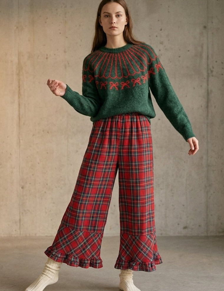 Mistletoe Plaid Ruffle Hem Wide Leg Pants - Westly