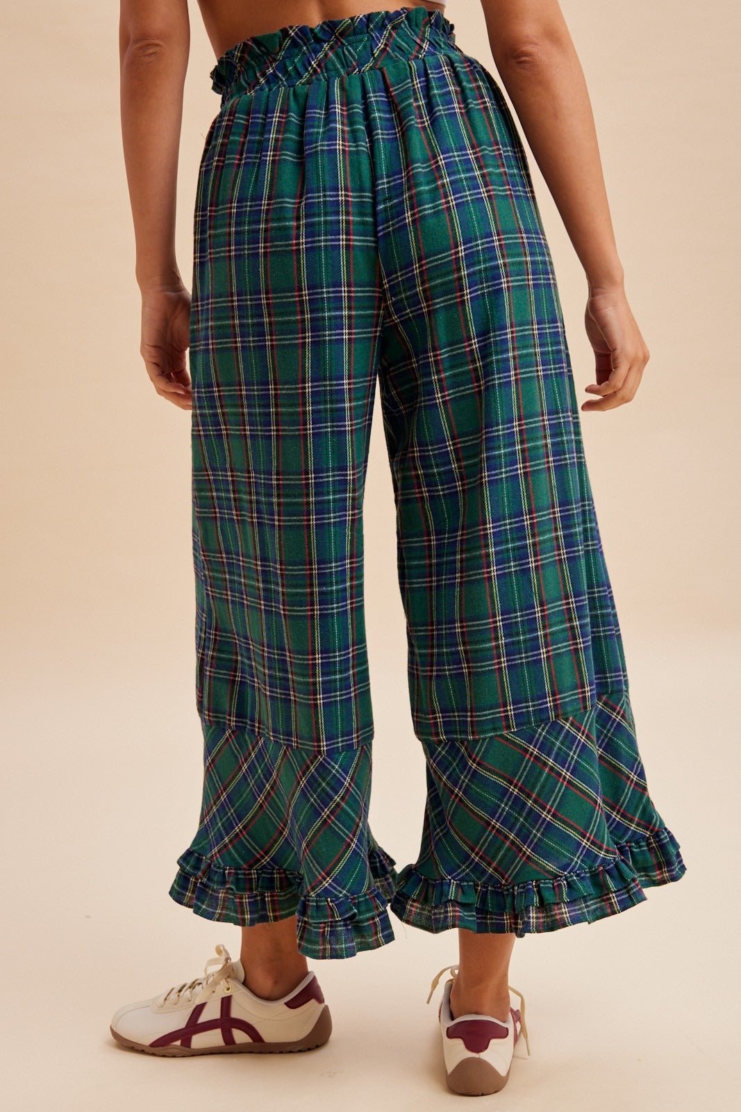 Mistletoe Plaid Ruffle Hem Wide Leg Pants - Westly