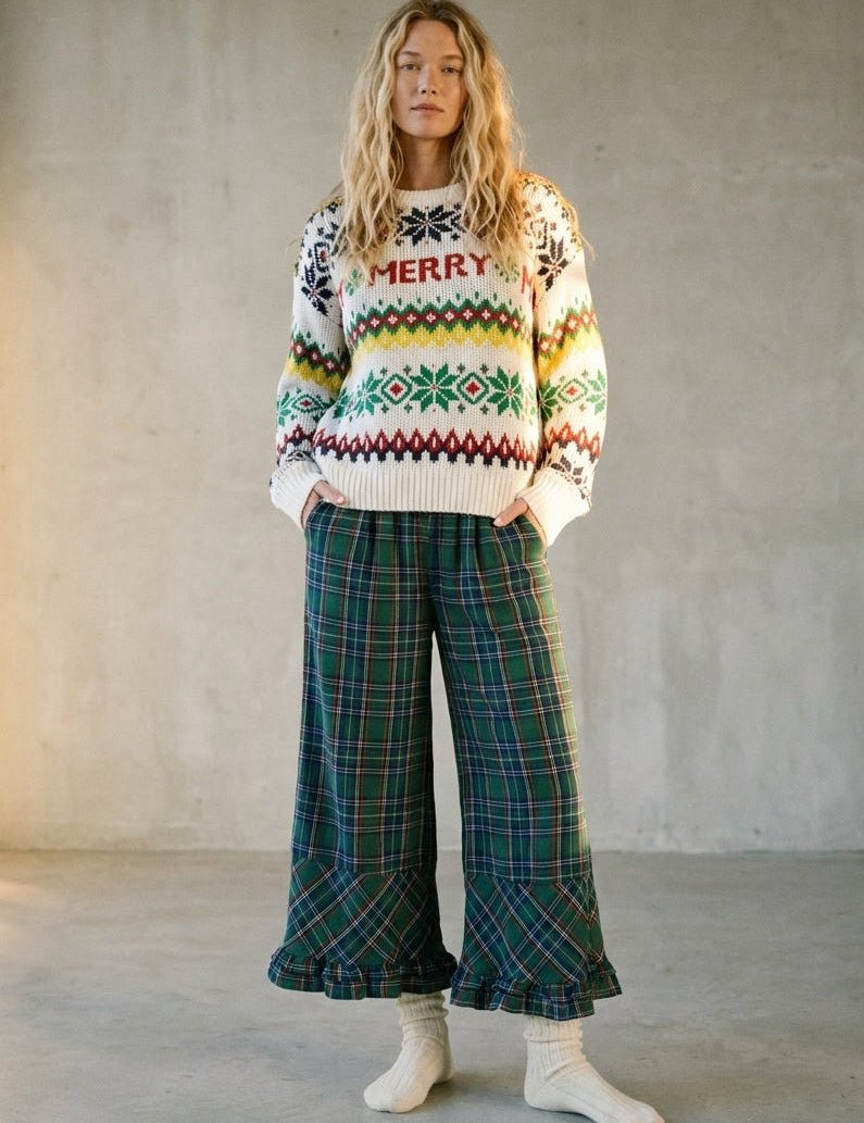 Mistletoe Plaid Ruffle Hem Wide Leg Pants - Westly